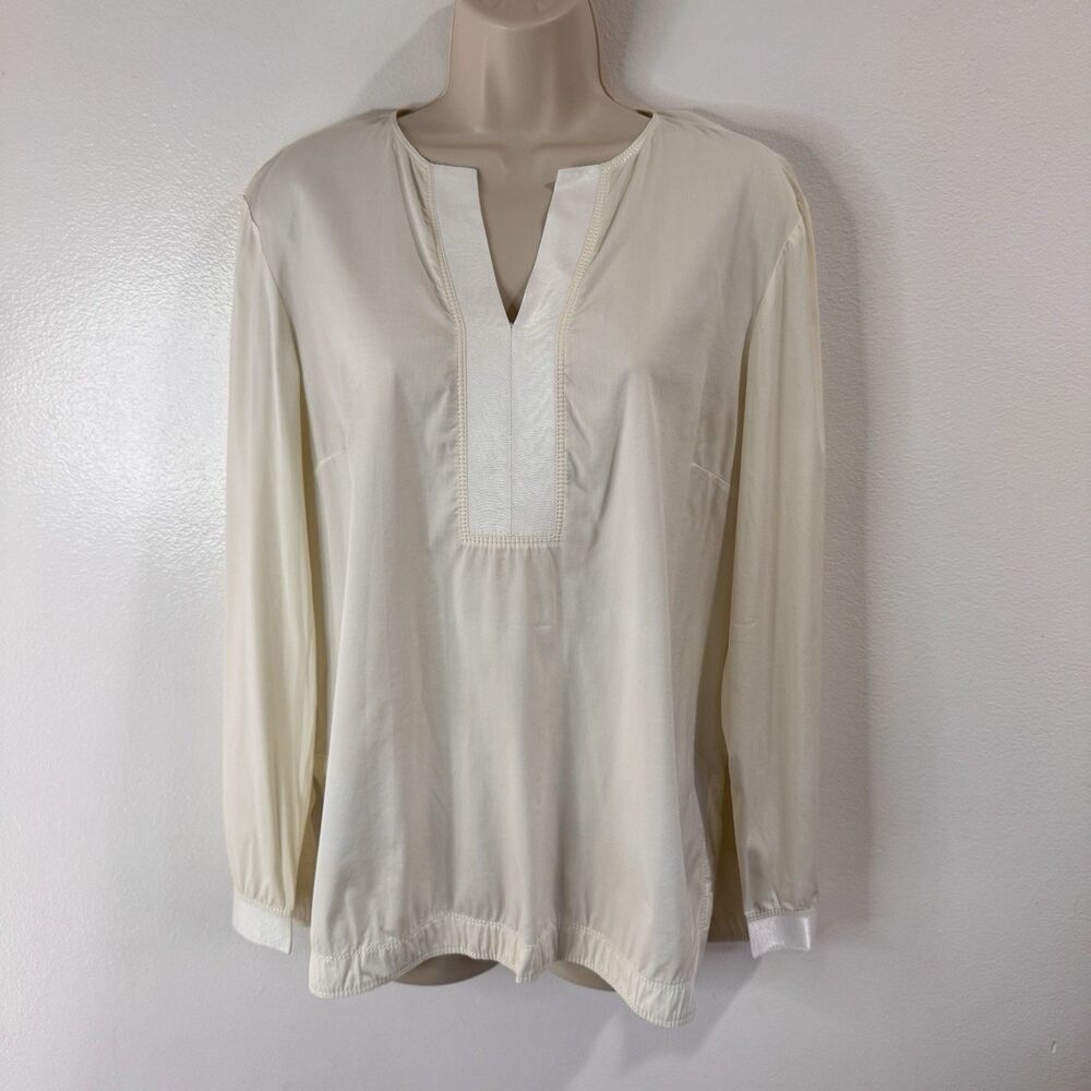 Lafayette 148 New York Blouse Shirt M Ivory Peasant Victorian Long Sleeve V-neck